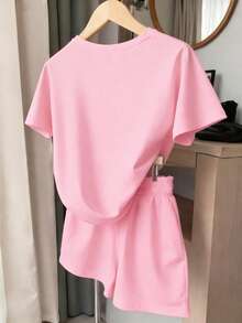 2pcs/Set Girls' Casual Cute 67 Design Print Short Sleeve T-Shirt And Shorts Set, Comfortable Summer & Autumn Outfit, Suitable For Daily Wear - Pink - View 2