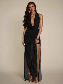 SHEIN BAE Women's Solid Color Plunging Neckline Side Slit Hem Elegant Halter Dress,Summer Dresses For Women - Black - View 1