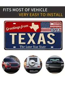 1 PIEZA Placa de matrícula metálica vintage de Texas de 6x12 pulgadas con acabado mate, diseño de la bandera de EE. UU. y la estrella solitaria, estilo de patrón de agujeros perforados al azar para decoración de automóviles y camiones - Multicolor - Ver 7