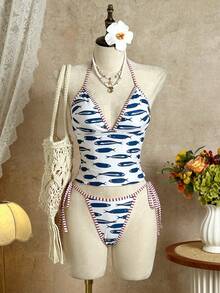 Swim Vcay 2026新款女士夏季沙滩度假休闲小鱼红白条纹抽绳印花露背短款上衣吊带短裤侧系带泳衣比基尼套装 - 彩色 - 查看 3