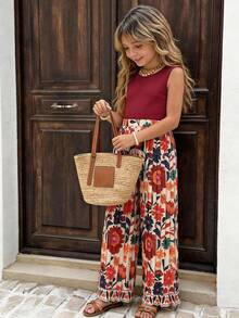 SHEIN Set Pakaian Liburan untuk Remaja Perempuan: Atasan Tank Top Leher Bulat Warna Polos dan Celana Panjang Lebar Motif Bunga - MultiWarna - View 3
