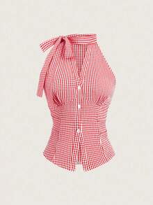 SHEIN Franclia 春夏休闲时尚系带无袖修身V领开襟竖排纽扣腰部褶皱修身女式衬衫 - 紅色 - 查看 4