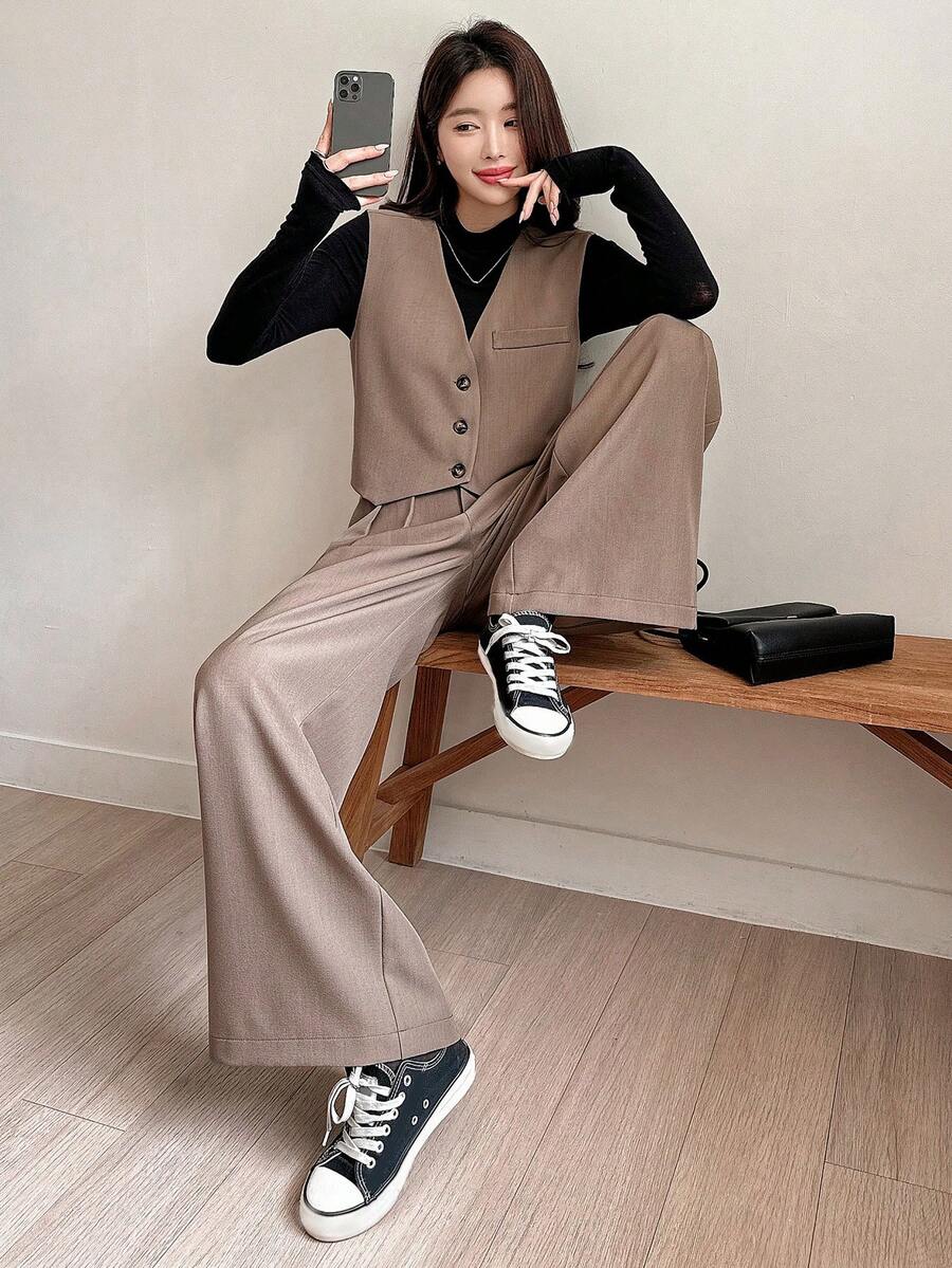 DAZY 2pcs Women's Solid V-Neck Single Breasted Vest & Wide Leg Pants Casual Suit,Fall Clothes,Back To School Clothes - Coffee Brown - View 1