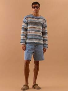 Musero Áo nam dệt kim móc họa tiết sọc, tay loe, dáng rộng, thích hợp cho mùa xuân, hè, lễ hội, kỳ nghỉ. - Màu xanh lam - Xem 5