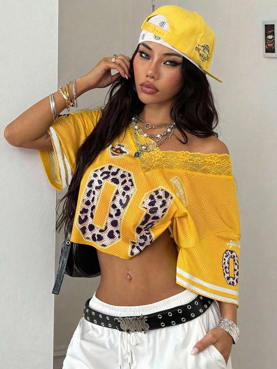 Coolane Women's Summer Sportswear Basic Y2K Number Pattern Contrast Lace V-Neck Jersey Over Size T-Shirt,Summer Top - Yellow - View 1