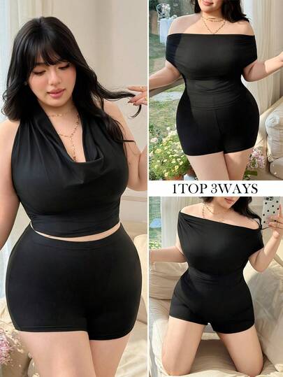 CovetEZ Seksowny komplet z odkrytymi plecami i szortami w dużym rozmiarze, 2 sztuki, lato