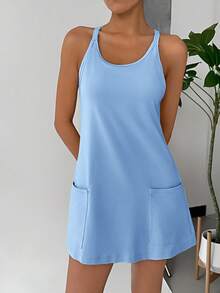 SHEIN EZwear 女士纯色无袖吊带连衣裙，内置短裤，休闲日常穿着，有加大码可选，女士吊带连衣裙，蓝色女士吊带连衣裙 - 藍色 - 查看 3