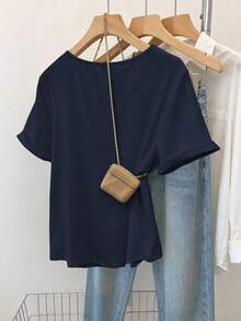 Franclia Women's Casual Retro Minimalist Mori Girl Commuter Button Short Sleeve T-Shirt - Navy Blue - View 2