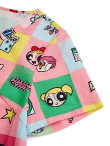PopScrub THE POWERPUFF GIRLS X SHEIN 女士亮丽格子印花工作服上衣，舒适亲肤V领，带双口袋，制服款 - 彩色 - 查看 7