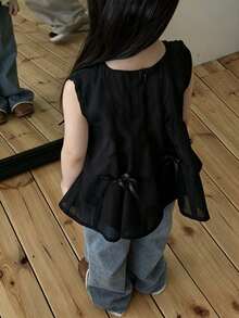 DAZY Blusa sin mangas con cuello redondo y decoración de lazo para niñas pequeñas, estilo coreano fresco de verano para niños pequeños - Negro - Ver 7
