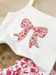 LMoss Kids LMoss 2pcs Baby Girl Knitted Bow Decor Camisole Top And Floral Ruffle Hem Skort Set Clothes Ootd For Summer Outfit Sets - Multicolor - View 6
