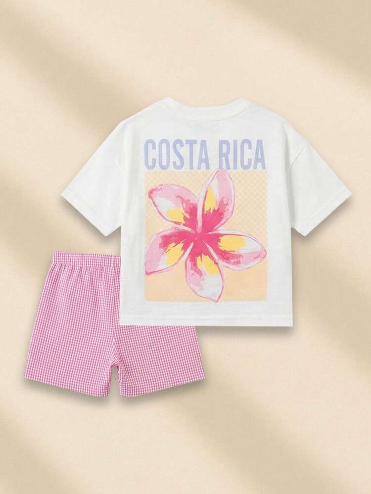 Girls Tropical Flower Print T-Shirt And Pink Gingham Checked Shorts Summer Co-Ord Set