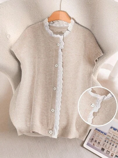 CosyJoli Chaleco/Cardigan de punto 3D con parches de encaje, elegante y casual, para mujer talla grande, para primavera/verano