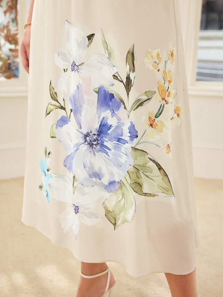 PLUS FLORAL PRINT ELEGANT TRUMPET SLEEVE A-LINE MIDI DRESS