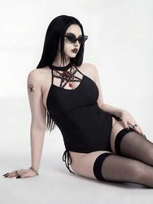 ROMWE Summer Black Goth Rave Plus Size One-Piece Swimsuit,Gothic Halter Top Punk Beach Gym Vacation Bathing Suit Bodysuit - Black - View 7