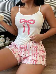 SHEIN 蝴蝶结、条纹、心形印花吊带背心和短裤女士睡衣套装 - 彩色 - 查看 3