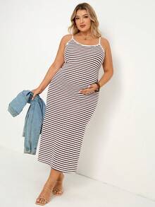 SHEIN Maternity Plus Size Striped Casual Strap Dress Summer Dresses Vacation Outfits Work Outfits - Multicolor - View 2