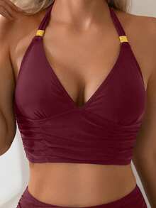 Swim Basics 两件套女士纯色露肩吊带露背上衣和高腰泳裤，配金色配饰，沙滩度假比基尼套装 - 酒紅色 - 查看 5