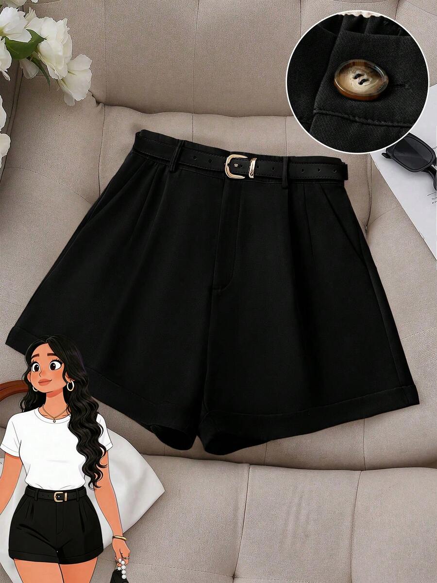 GlowEve CURVE Plus Size Solid Color Waist Band Casual Fashion Shorts For Summer - Black - View 1