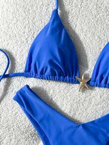 Swim Mod Conjunto de bikini sexy con tirantes finos y decoración metálica, unicolor para mujer, verano - Azul - Ver 5