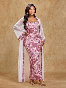 Brilight Women's Elegant Slim Fit Dress And Mesh Patchwork Cardigan Two Pieces Set South African Traditional Clothing Middle Eastern Style Suita Ble For Parties And Gatherings Daily Outings Halloween Set Holiday Set Autumn Outfit Spring/Summer Outfit - White - View 6