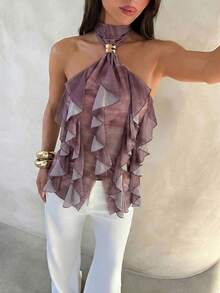Aloruh Women's Elegant Multi-Layer Ruffle Trim Stand Collar Fitted Tank Top,Summer Top - Dusty Pink - View 3