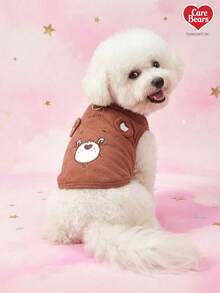 Care Bears X PETSIN 一件猫/狗通用服装，带立体耳朵，可爱小熊棕色华夫格背心，春夏轻薄透气宠物服装，带抽绳扣 - 棕色 - 查看 2