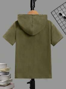 Tween Boy Letter Embossed Knit Short Sleeve Casual Hoodie T-Shirt - Army Green - View 2