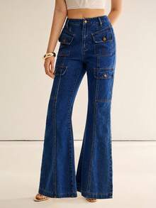 CielaLinda Jean évasé bleu foncé multi-poches pour femmes, pantalon en denim à taille haute et jambes évasées, style de rue estival, bohème quotidien pour festival, mode Y2K - Bleu azur - Voir 1