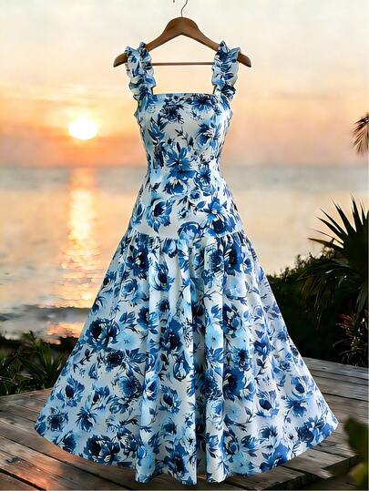 Elenzga Vestido de tirantes con cuello cuadrado, cintura ceñida y falda acampanada con estampado floral romántico francés en azul y blanco, de corte aleatorio y volantes, para primavera/verano