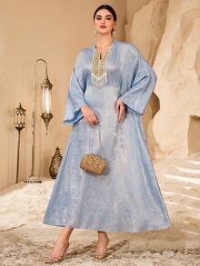 Al Najma Women's Shiny Embroidered Beaded Long Robe, Loose Slimming Banquet Elegant Robe - Blue - View 7