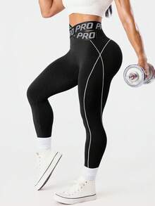 Seamluxe SHEIN Sport High Waist Fitted Breathable Letter Knit Leggings - Black - View 6