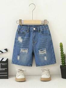 Young Boy Summer Casual Street Cool Minimalist Fashion Versatile Comfortable Elastic Waist Washed Black Ripped Denim Shorts,Suitable For Daily Outing - Medium Wash - View 3