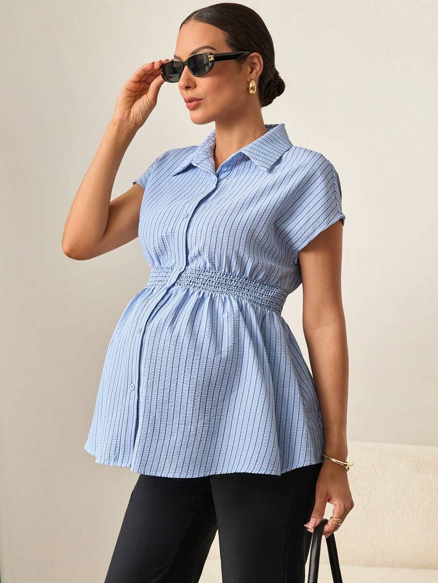 MaterniWear Maternity Striped Print Button-Front Casual Short Sleeve Shirt - Blue - View 1