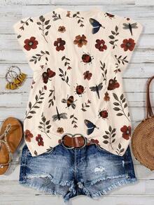 Linhara Plus Size Women's Beige Floral Printed Notch Collar Blouse,Summer Boho Vacation Holiday Short Sleeve Casual Versatile Shirt Tops - Multicolor - View 2