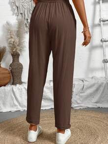 EMERY ROSE Solid Color Simple Design Front Tie Casual Pants, Suitable For Daily Wear - Coffee Brown - View 2