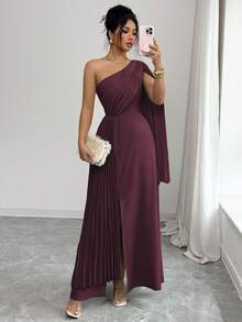 Elenzga Đầm maxi nữ màu trơn, lệch vai, eo nhún, dáng chữ A, xẻ tà, tay dài, xếp ly hai bên, eo chun, không tay, kiểu dáng thanh lịch, cổ điển Pháp, lãng mạn, tối giản, phù hợp cho công sở, đi làm, kinh doanh, thường ngày, đi biển, hẹn hò, đám cưới, mùa xuân/hè. - Màu Tím - Xem 1