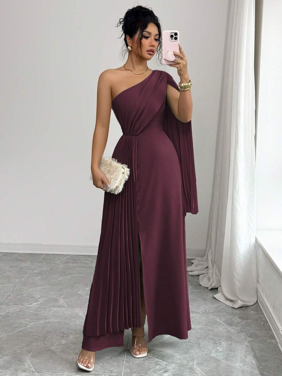 Elenzga Đầm maxi nữ màu trơn, lệch vai, eo nhún, dáng chữ A, xẻ tà, tay dài, xếp ly hai bên, eo chun, không tay, kiểu dáng thanh lịch, cổ điển Pháp, lãng mạn, tối giản, phù hợp cho công sở, đi làm, kinh doanh, thường ngày, đi biển, hẹn hò, đám cưới, mùa xuân/hè. - Màu Tím - Xem 1