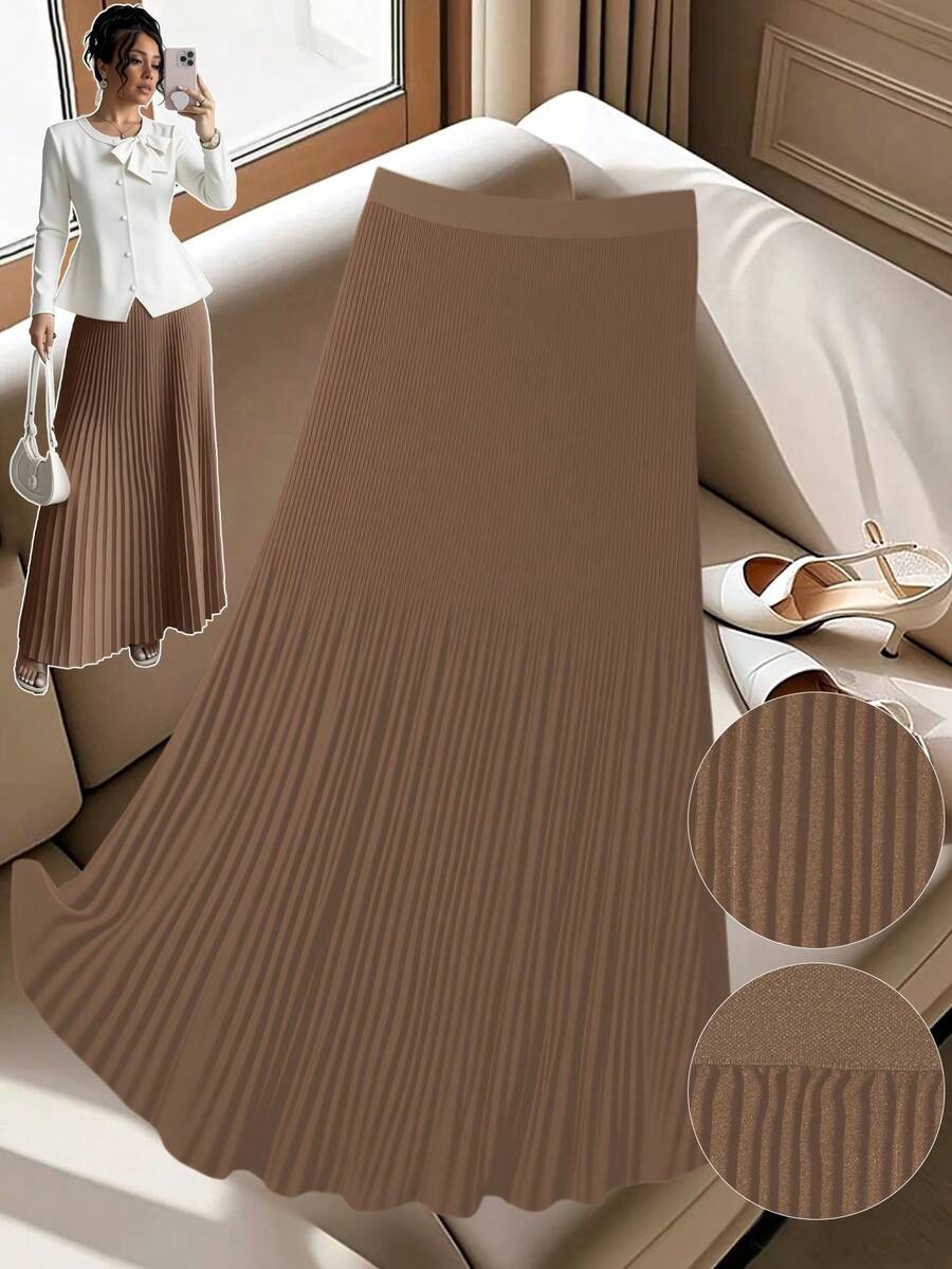 GlowEve CURVE Plus Size Women's Solid Color Elastic Waist Pleated Long Casual Skirt - Khaki - View 1