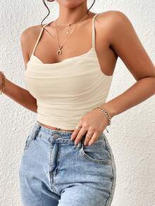 SHEIN Essnce Women's Solid Color Ruched Fitted Camisole,Summer Top - Beige - View 4