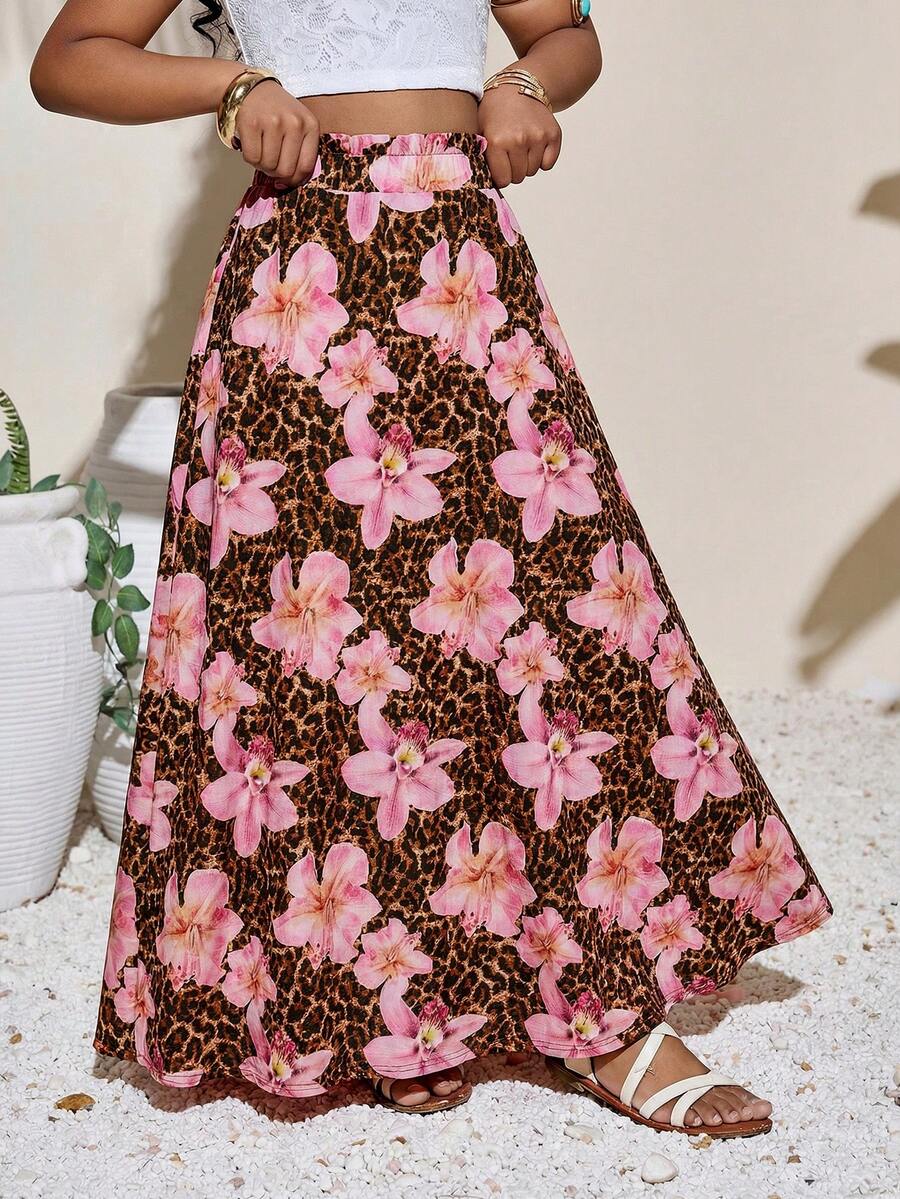 SHEIN 少女休闲度假碎花中长裙 - 彩色 - 查看 1