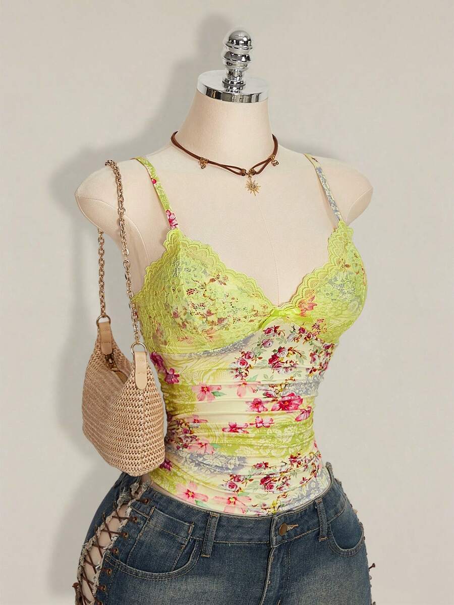 SHEIN ICON Summer Women's Mint Green Going Out Beach Contrast Lace Ruched Y2k Cami Top