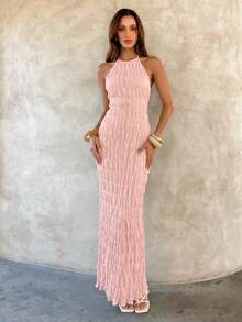 Aloruh Women's Solid Color Textured Tie-Up Dress,Summer Dresses For Women - Pink - View 5