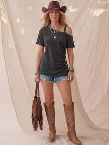 Wildy 休闲美式西部复古做旧雪花图案女式基础款短袖T恤，适合春夏日常穿着、通勤和外出活动。 - 黑色 - 查看 8