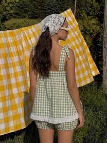 MainGRL 两件套绿白格纹可爱休闲女装，夏季甜美系列设计，肩带系带，白色棉质刺绣花边，适合休闲外出、度假，侧边系带可敞开设计，灯笼可爱女式短裤，野餐露营套装，女士春夏服装 - 綠色 - 查看 2