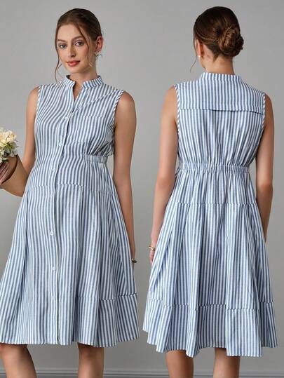 Momance 夏季简约松紧腰条纹无袖衬衫裙