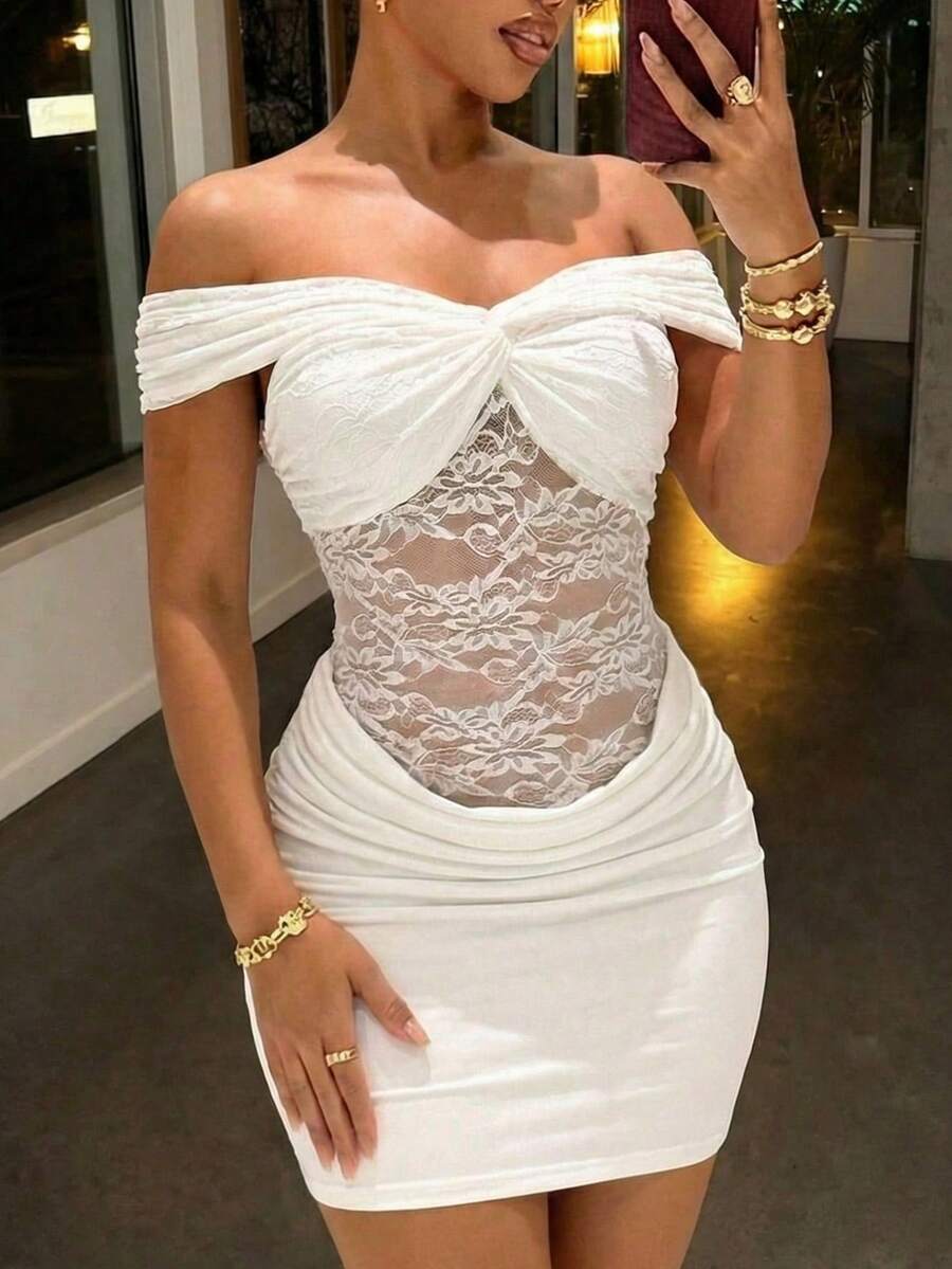 Slaydiva 早春新款，春夏音乐节，情人节，复活节，婚礼季，假日季，休闲优雅，通勤，日常穿着，工作装，度假，派对，邮轮，基础款，日常约会，单领，露肩，蕾丝拼接，针织面料，腰部透视设计，露背，侧褶，腰部垂褶设计，白色连衣裙，女士迷你连衣裙 -Z