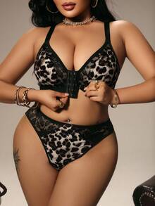 Bare Chapter Leopard Print Women's Lingerie Set, Front Closure Bra With Lace Patchwork And Thong, Sexy Lace Patchwork Lingerie Set 2pcs - Multicolor - View 5
