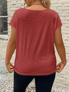 SHEIN Frenchy Summer Lace Splicing Vacation Plus Size V-Neck Tee With Cut-Out Details - Watermelon Pink - View 2