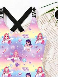 Tween Girls' Summer Beach Vacation K-Pop Cartoon Character Ombre Print Letter Criss-Cross Back One-Piece Swimsuit - Multicolor - View 4